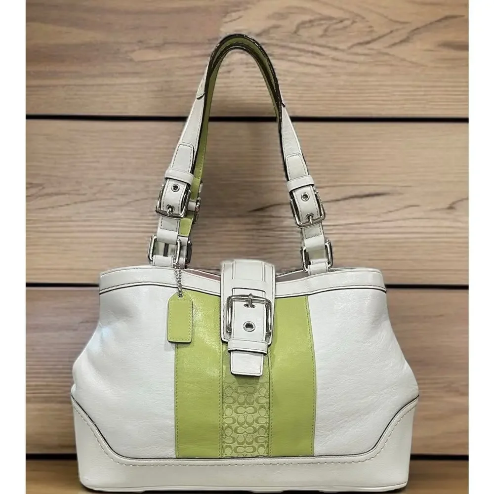 Y2K Coach F11345 Hamptons Leather Striped Satchel Bag & Mini Signature Wristlet